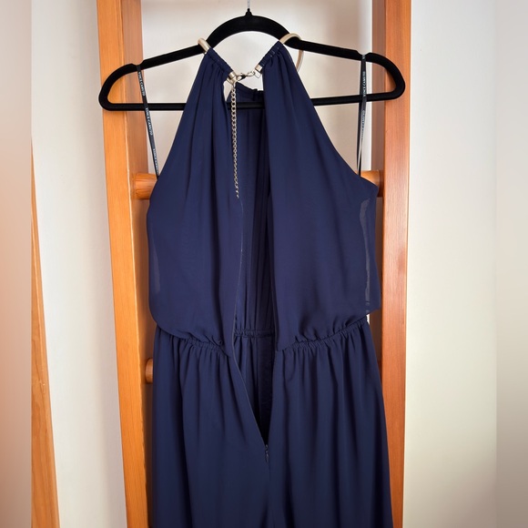Vince Camuto Navy Blouson Halter Gold Choker Wedding Guest Jumpsuit 4 - Picture 13 of 13